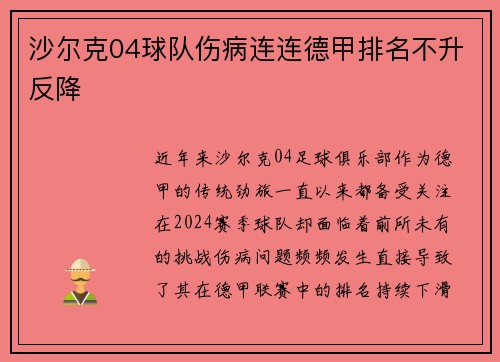 沙尔克04球队伤病连连德甲排名不升反降