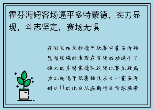 霍芬海姆客场逼平多特蒙德，实力显现，斗志坚定，赛场无惧
